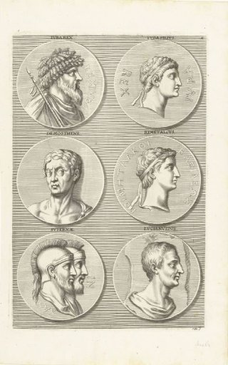 Six coins with portraits of men and women from classical antiquity: letter K