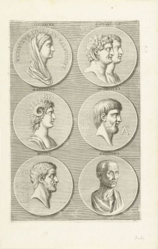 Six coins with portraits of men and women from classical antiquity: letter L