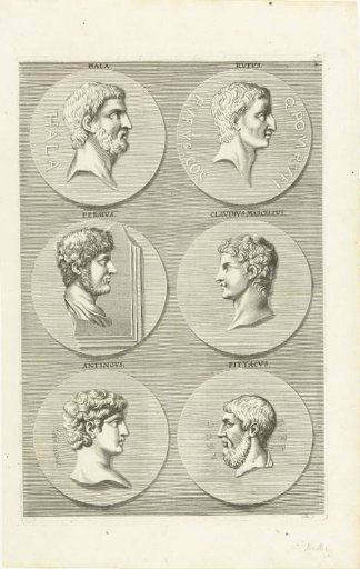Six coins with portraits of men from antiquity: letter N