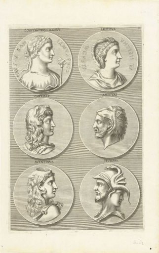 Six coins with portraits of men and women from classical antiquity: letter O