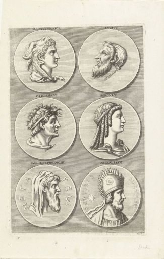Six coins with portraits of men and women from classical antiquity: letter P