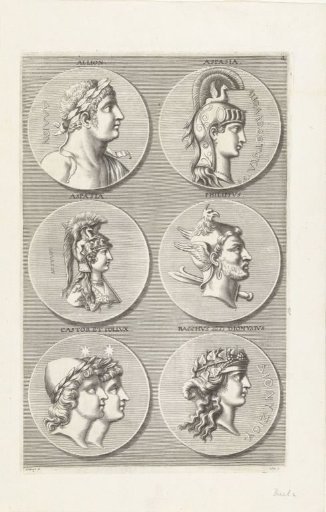 Six coins with portraits of men and women from classical antiquity and mythology: letter Q