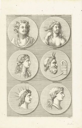Six coins with portraits of mythological figures: letter R