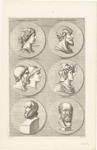 Six coins with portraits of men and women from classical antiquity: letter S