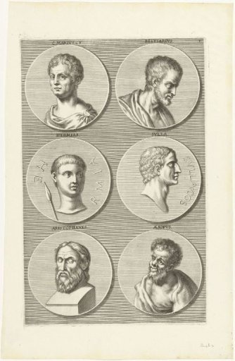Six coins with portraits of men from antiquity: letter T