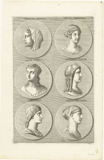 Six coins with portraits of women from antiquity: letter V