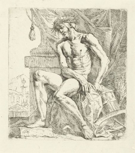 Man of Sorrows, sitting on a stone