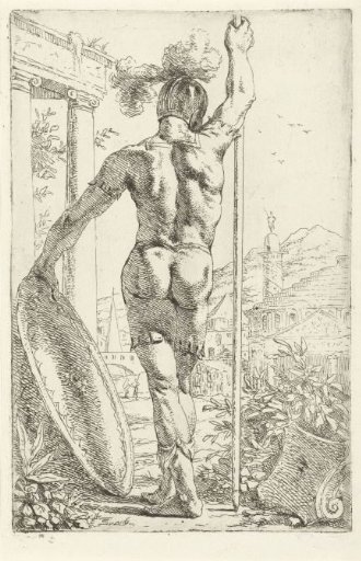 Roman soldier seen from the back with shield and spear