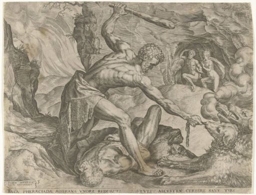 Hercules drags Cerberus out of hell