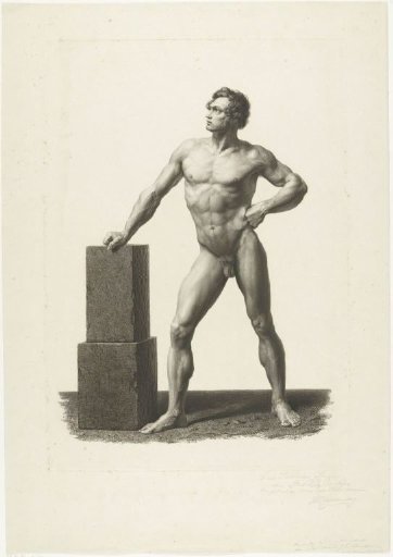 Nude man, leaning with the right hand on a stone block