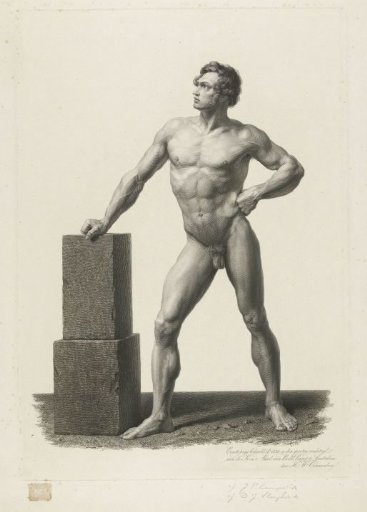 Nude man, leaning with the right hand on a stone block