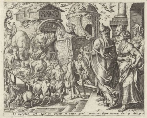 Noah embarks with his family and the animals on the ark