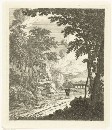 Landscape with river and man with dog