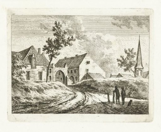 Landscape with road to village gate