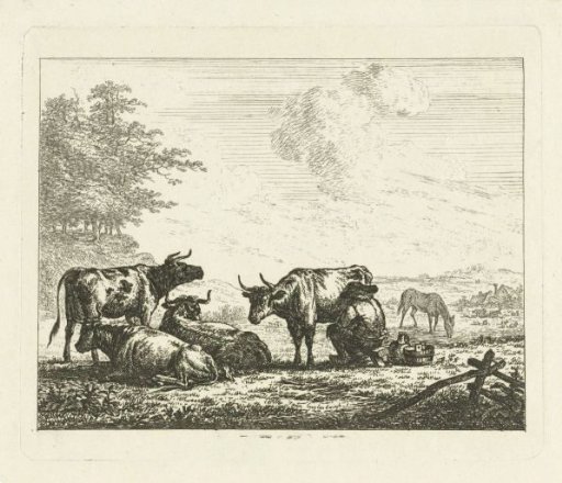 Landscape with farmer milking cows