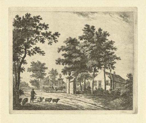 Landscape with houses on country road and shepherd with flock of sheep