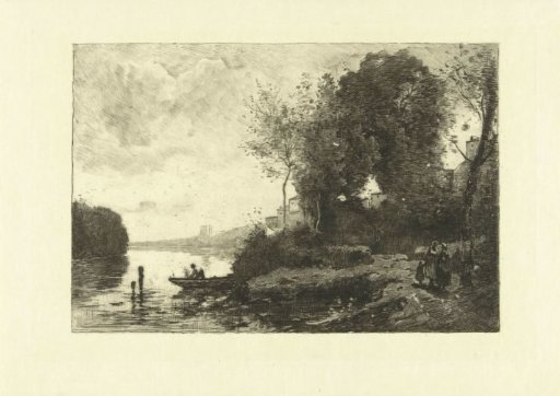 Landscape with trees and houses by river