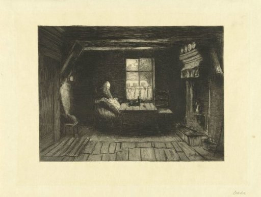 Peasant woman sitting by a window sewing in an interior