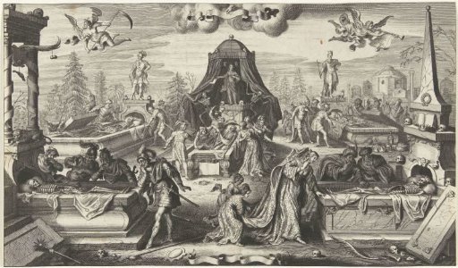 Men and women looking into the open graves of historical persons