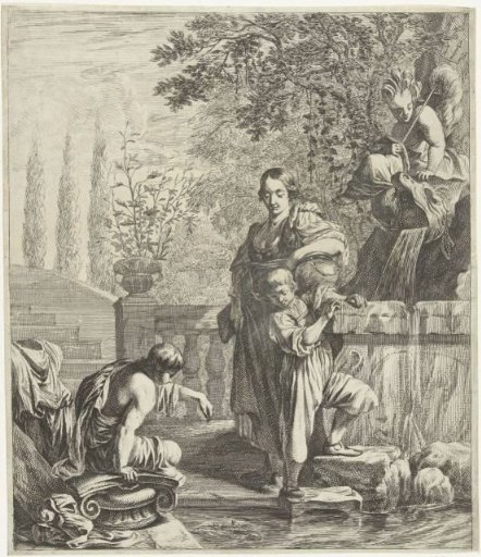 Woman with two children at fountain