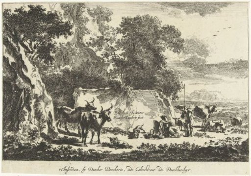 Italian landscape with shepherds and cattle resting near a rock