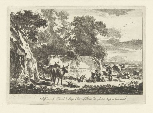 Italian landscape with shepherds and cattle resting near a rock