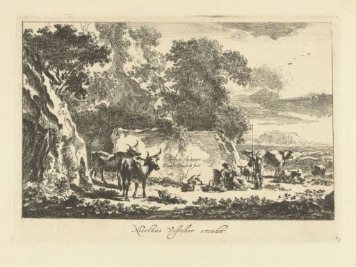 Italian landscape with shepherds and cattle resting near a rock