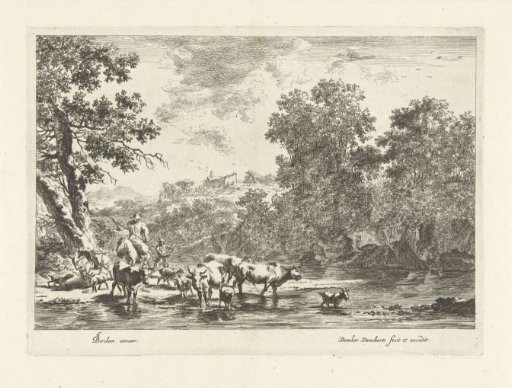 Italian landscape with a shepherd on horseback and cattle by a river