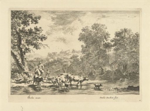 Italian landscape with a shepherd on horseback and cattle by a river