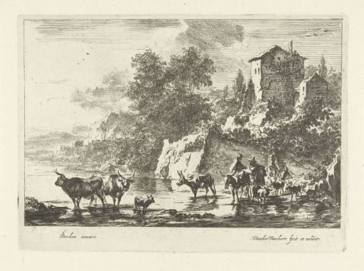 Italian landscape with shepherds, cows and donkeys in the water