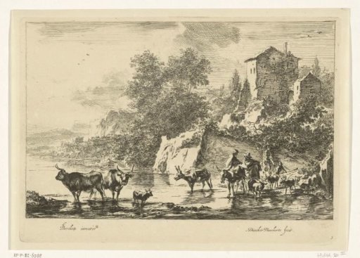 Italian landscape with shepherds, cows and donkeys in the water