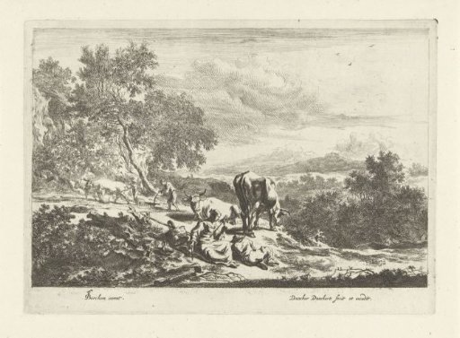 Italian landscape with a spinning woman and a ploughing farmer