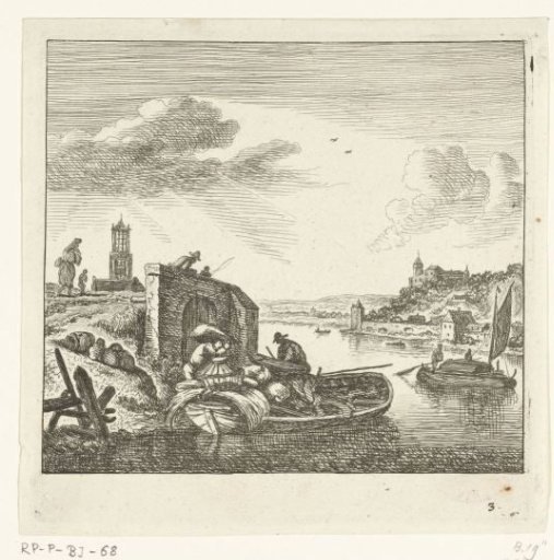 River View with a Man Loading Cargo onto a Boat