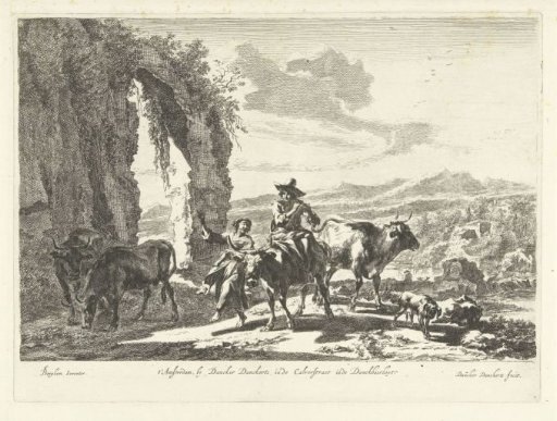 Shepherds with Cattle near Ruin in Mountain Landscape