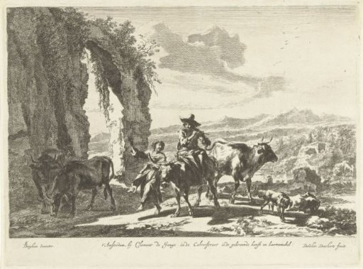 Shepherds with cattle near a ruin in a mountainous landscape