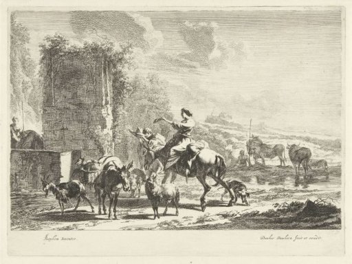 Shepherds with mules and cattle near a spring in a mountainous landscape
