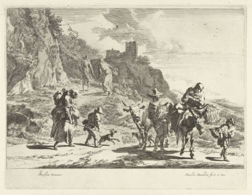 Woman on a pack mule, man with a cow and other travellers in a mountainous landscape