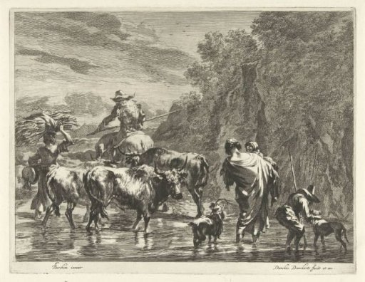 Shepherds wading with a herd of cows through a stream