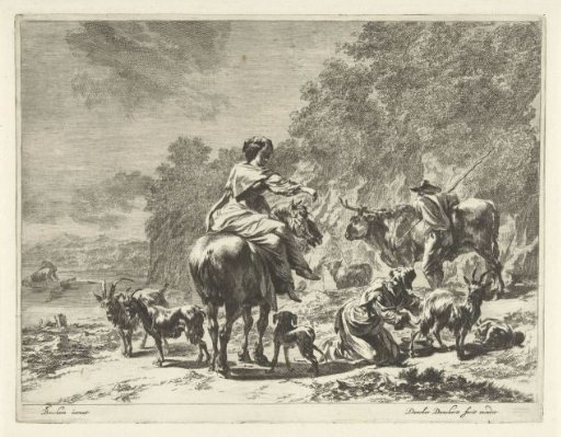 Landscape with a woman on horseback and a shepherdess milking a goat