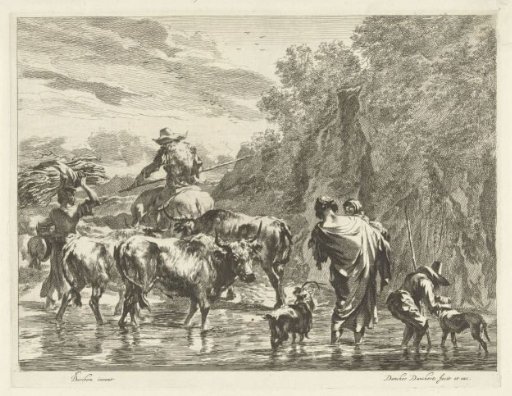 Shepherds wading with a herd of cows through a stream