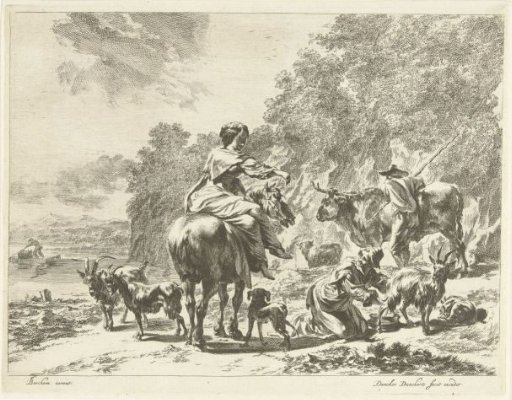 Landscape with a woman on horseback and a shepherdess milking a goat