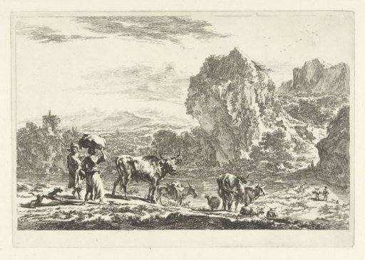 Italian Mountain Landscape with Shepherd and Shepherdess by Riverbank