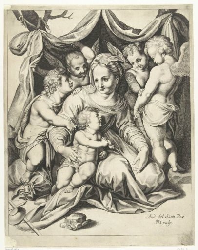 Mary with Child seated on the ground, John as a child, and three small angels
