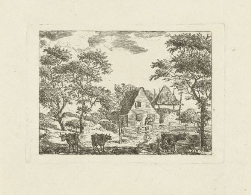 Landscape with farm and cows in meadow