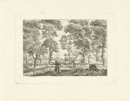 Landscape with cattle and a milkmaid with a yoke by a ditch with a fisherman