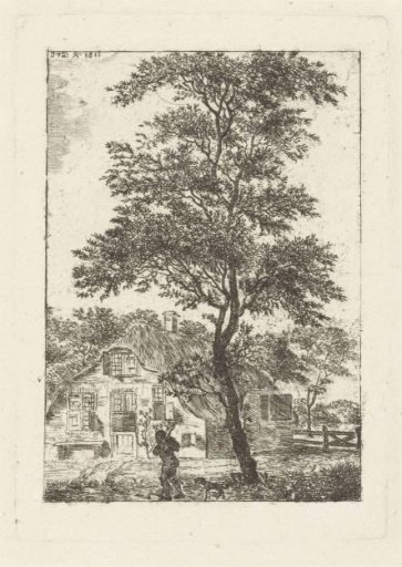 Landscape with tree in front of farm and man with dog