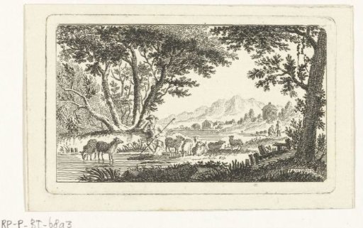Landscape with shepherd and flock of sheep