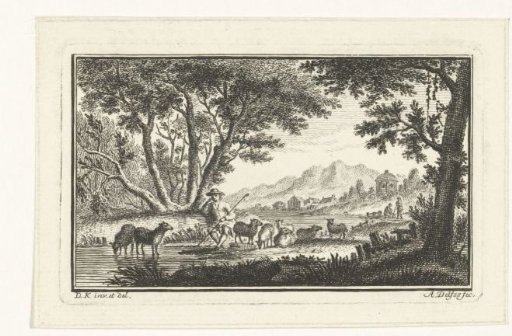 Landscape with shepherd and flock of sheep