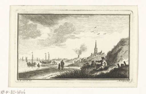 Coastal view with village in dunes and fishing boats on the beach