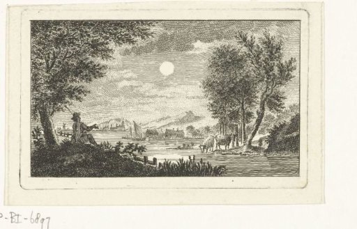 River view with shepherd in moonlight